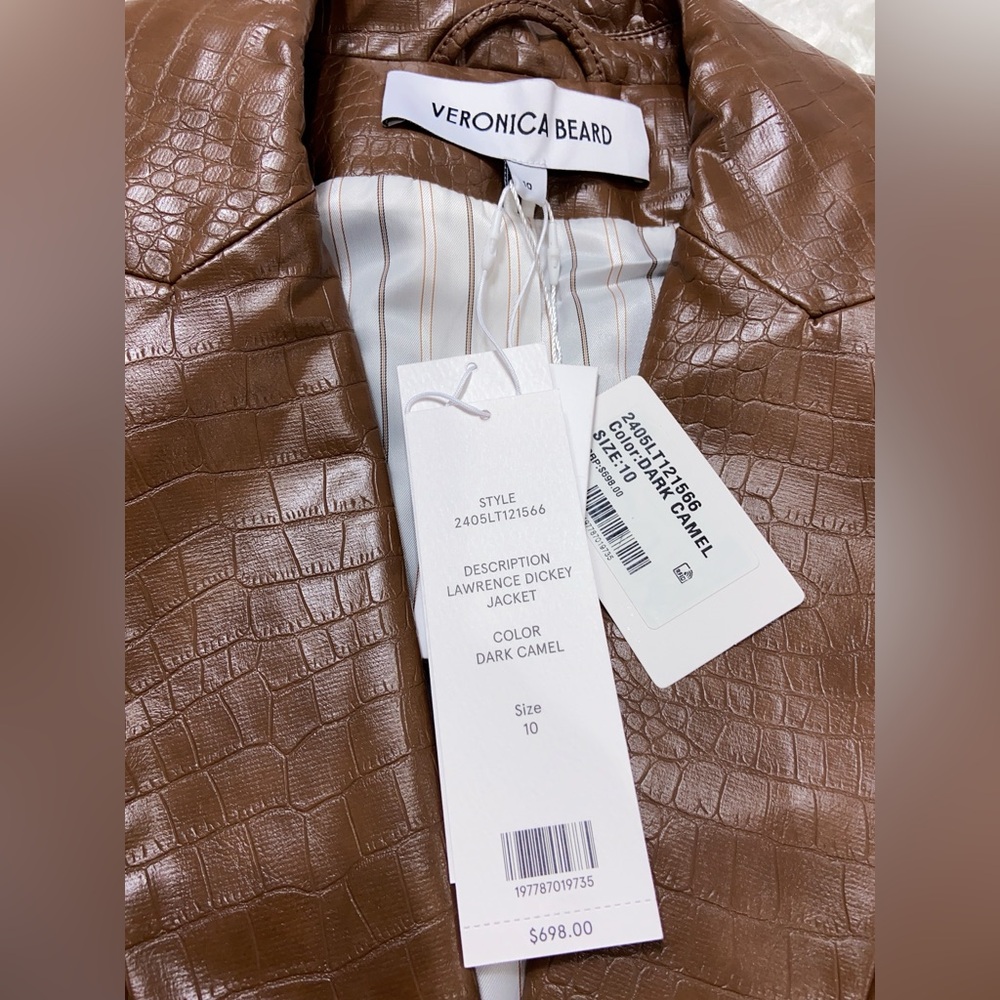 NWT Veronica Beard Lawrence Croc Embossed Faux Leather Dickey Jacket In Brown - Picture 11 of 13